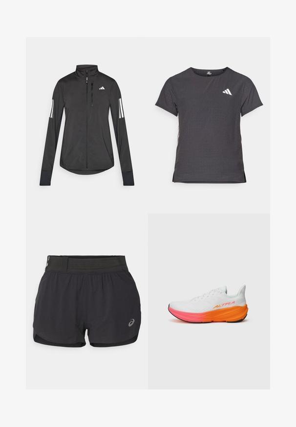 Must mustriga mustrin, millel on esiküljel lukuga, kõrge krae ja igal varrukal kolm valget triipu.; Lühikese varrukaga sportlik T-särk, tumehall, perforatsiooni tekstuuriga. Omab valget logo ja kontrastset külgtriipu. Ümar kaelus.; Mustaed mustujooks varrukadeta, millel on sile tekstuur, lühike pikkus ja väike logo alumises paremas nurgas.; Valge sportlik jalanõu, millel on tekstureeritud ülemine osa, eristuv värviline gradiendi tald oranži ja roosa toonis ning väljapaistva logoga külgedel.