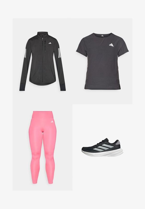 Chaqueta deportiva negra hecha de material ligero. Cuenta con una cremallera frontal, un cuello alto y tres franjas blancas en cada manga.; Camiseta atlética de manga corta, gris oscuro con textura perforada. Presenta un logo blanco y rayas laterales en contraste. Escote redondeado.; Leggings de talle alto en color rosa con una textura suave y brillante. Presentan el logotipo de tres rayas en blanco en el lado izquierdo. Cintura elástica.; Zapatilla de correr negra con parte superior de malla, tres franjas plateadas, media suela blanca y suela texturizada. Incluye un cuello acolchado y cierre de cordones.