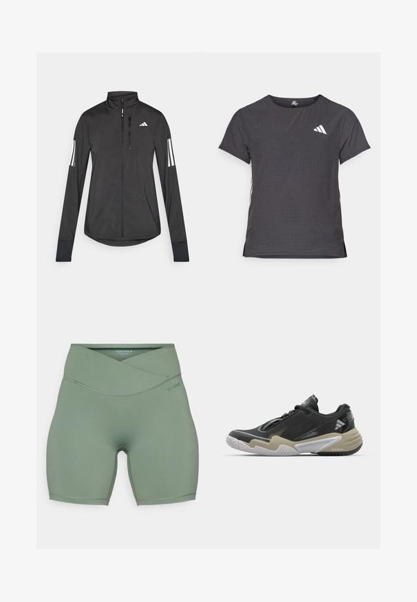 Musta urheilutakki, joka on valmistettu kevyestä materiaalista. Ominaisuuksiin kuuluu etuvetoketju, korkea kaulus ja kolme valkoista raitaa joka hihassa.; Lyhythihainen urheilupaita, tummanharmaa, jossa on reikäkudot. Ominaisuuksina valkoinen logo ja kontrastiväriset sivusuunnat. Pyöreä pääntie.; Vihreät korkeavyötäröiset shortsit, jotka on valmistettu joustavasta materiaalista. Niissä on ristikkäinen muotoilu vyötäröllä ja hienovaraisia tekstuurisia yksityiskohtia sivuilla.; Musta ja beige urheilukenkä, jossa on teksturoitu yläosa, merkittävä pohjarakenne, heijastavat yksityiskohdat ja nauhaketju. Kevyt rakenne.
