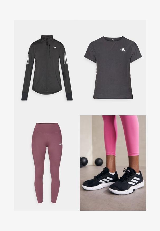 Juodas sportinis švarkas, pagamintas iš lengvos medžiagos. Yra priekinis užtrauktukas, aukšta apykaklė ir trys baltos juostos kiekviename rankovėje.; Trumpas rankovėmis sportinis marškinėlis, tamsiai pilkas, su perforuota tekstūra. Yra baltas logotipas ir kontrastingos šoninės juostos. Iškirptė suapvalinta.; Violet spalvos tamprūs legginiai, turintys aukštą juosmenį ir mažą logotipą ant apatinės kojos. Glotni tekstūra ir prigludęs dizainas.; Juodi sportiniai bateliai su baltais dryžiais, tekstūruota tinklinė viršutinė dalis ir balti padai. Dėvimi su rožiniais leggingais, demonstruojant treniruočių aprangą.