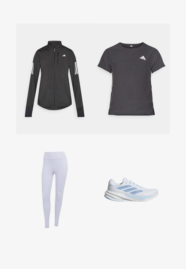 Černá atletická bunda vyrobená z lehkého materiálu. Má přední zip, vysoký límec a tři bílé pruhy na každém rukávu.; Kraťasový sportovní tričko, tmavě šedé barvy s perforovanou texturou. Obsahuje bílé logo a kontrastní boční pruhy. Kulatý výstřih.; Světlé fialové legíny vyrobené z pružného materiálu. Vysoký pas s hladkou texturou a bez viditelných švů nebo vzorů.; Bílé běžecké boty s světle modrými akcenty, prodyšný síťovinový svršek, design se třemi pruhy, polstrovaná podrážka a texturovaná trakční podešev.