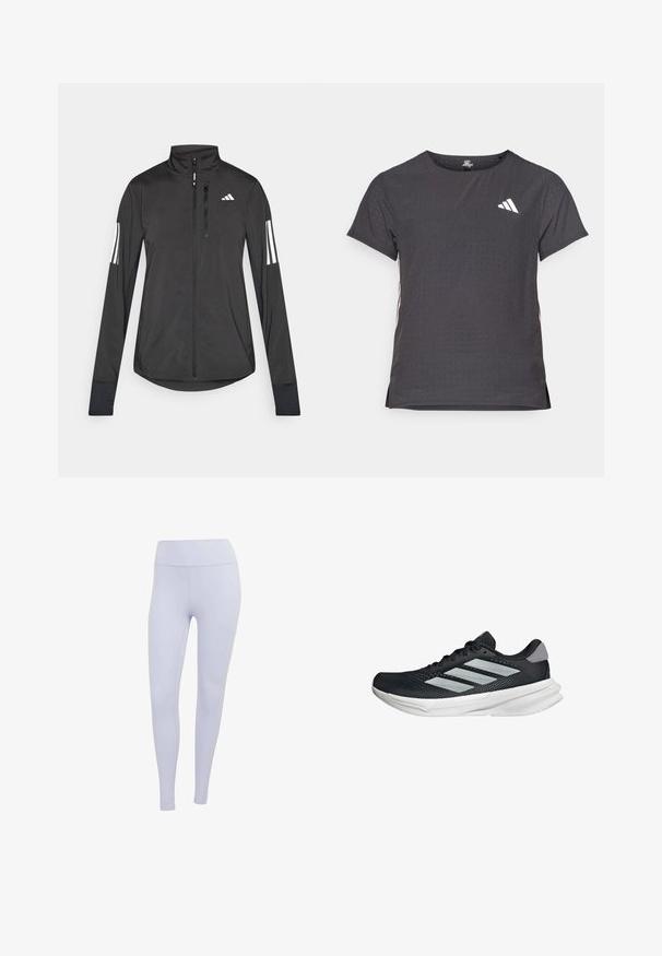 Czarna sportowa kurtka wykonana z lekkiego materiału. Posiada zamek błyskawiczny z przodu, wysoki kołnierz oraz trzy białe paski na każdym rękawie.; Koszulka sportowa z krótkim rękawem, ciemnoszara z perforowaną teksturą. Posiada białe logo oraz kontrastowe paski po bokach. Okrągły dekolt.; Jasnofioletowe legginsy wykonane z rozciągliwego materiału. Wysoki stan z gładką teksturą i bez widocznych szwów czy wzorów.; Czarny but biegowy z siateczkowym wierzchem, trzema srebrnymi paskami, białą podeszwą środkową i teksturowaną podeszwą zewnętrzną. Posiada wyściełany kołnierz i zapięcie na sznurówki.