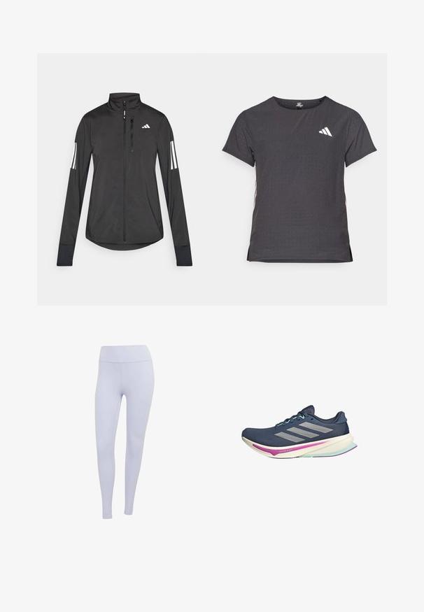 Čierna športová bunda vyrobená z ľahkého materiálu. Má zips vpredu, vysoký golier a tri biele pruhy na každom rukáve.; Tričko s krátkym rukávom pre šport, tmavosivé s perforovanou textúrou. Obsahuje biele logo a kontrastné bočné pruhy. Okrúhly výstrih.; Svetlofialové legíny vyrobené z elastického materiálu. Vysoký pás s hladkou textúrou a bez viditeľných švov alebo vzorov.; Námořnické běžecké boty s síťovaným svrškem, stříbrnými pruhy, mátovými akcenty a polstrovanou podrážkou s růžovými a tyrkysovými detaily pro pohodlí.