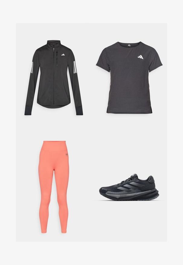 Chaqueta deportiva negra hecha de material ligero. Cuenta con una cremallera frontal, un cuello alto y tres franjas blancas en cada manga.; Camiseta atlética de manga corta, gris oscuro con textura perforada. Presenta un logo blanco y rayas laterales en contraste. Escote redondeado.; Leggings de cintura alta en un vibrante color coral, fabricados con una tela elástica. Presentan una textura suave y un pequeño logo negro en la cinturilla.; Zapatilla deportiva negra con parte superior de malla texturizada, acentos reflectantes, suela acolchada y un diseño aerodinámico. Presenta el logo de tres rayas.