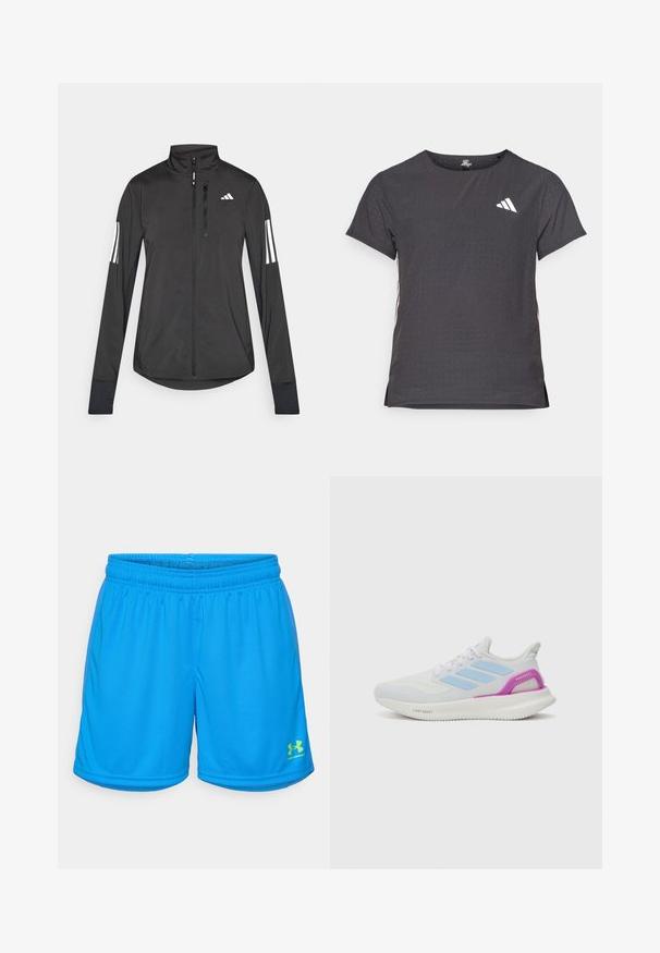 Juodas sportinis švarkas, pagamintas iš lengvos medžiagos. Yra priekinis užtrauktukas, aukšta apykaklė ir trys baltos juostos kiekviename rankovėje.; Trumpas rankovėmis sportinis marškinėlis, tamsiai pilkas, su perforuota tekstūra. Yra baltas logotipas ir kontrastingos šoninės juostos. Iškirptė suapvalinta.; Mėlynos sportinės šortai, pagaminti iš lygaus, lengvo audinio, su elastine juosta ir neoninės žalios spalvos logotipu apatiniame dešiniajame kampe.; adidas Performance PUREBOOST 5 - Bėgimo batai plentui - white/glow blue/purple burst