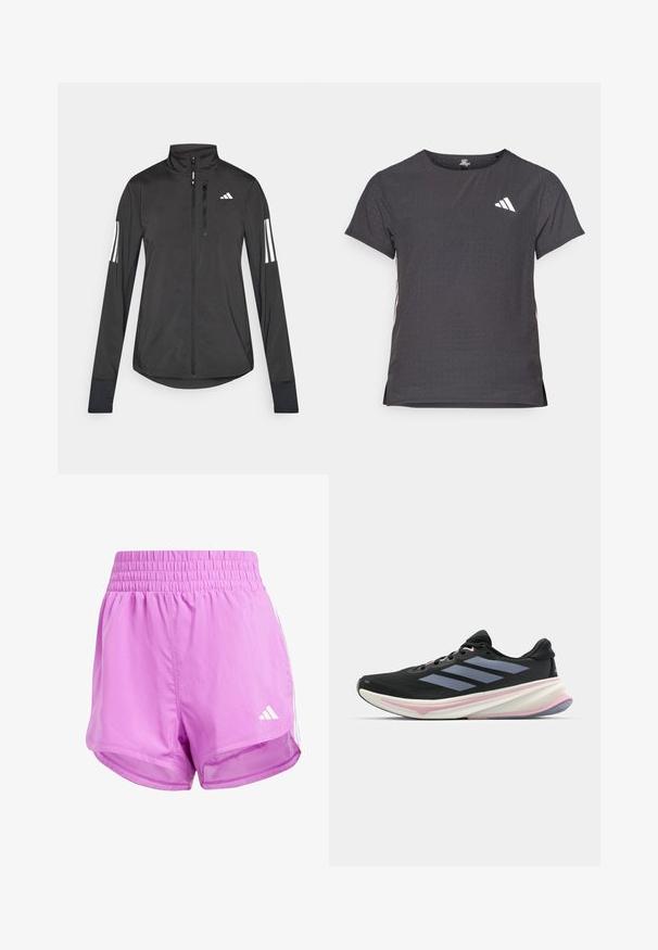 Must mustriga mustrin, millel on esiküljel lukuga, kõrge krae ja igal varrukal kolm valget triipu.; Lühikese varrukaga sportlik T-särk, tumehall, perforatsiooni tekstuuriga. Omab valget logo ja kontrastset külgtriipu. Ümar kaelus.; adidas Performance PACER STRIPES HIGH RISE - Spordišortsid - purple burst white; Musts jooksujalanõud, millel on võrgusilmast ülemine osa, heledad lillad aktsendid ja kolm horisontaalset halli triipu. Omab mugavat polsterdatud tallat.
