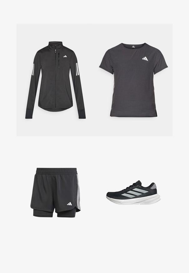 Schwarze Sportjacke aus leichtem Material. Mit einem Frontreißverschluss, hohem Kragen und drei weißen Streifen an jedem Ärmel.; Kurze Ärmel Sport-T-Shirt, dunkelgrau mit durchbrochener Textur. Enthält ein weißes Logo und kontrastierende Seitenstreifen. Runder Ausschnitt.; Schwarze Sportshorts mit innerer Schicht, elastischem Bund und drei weißen Streifen an den Seiten, mit einem kleinen weißen Logo. Glatte Textur.; Schwarzer Laufschuh mit Mesh-Obermaterial, drei silbernen Streifen, weißer Zwischensohle und strukturiertem Außensohle. Verfügt über einen gepolsterten Schaft und eine Schnürung.