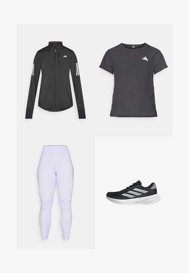 Veste de sport noire en matériau léger. Dotée d'une fermeture éclair sur le devant, d'un col haut et de trois rayures blanches sur chaque manche.; T-shirt de sport à manches courtes, gris foncé avec une texture perforée. Présente un logo blanc et des rayures latérales contrastantes. Encolure arrondie.; Leggings violets clairs avec une taille haute, texture lisse, poches latérales et un petit logo blanc sur la jambe inférieure.; Baskets de course noires avec tige en mesh, trois rayures argentées, semelle intermédiaire blanche et semelle extérieure texturée. Comprend un col rembourré et un système de laçage.