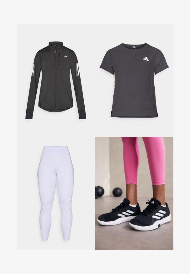 Schwarze Sportjacke aus leichtem Material. Mit einem Frontreißverschluss, hohem Kragen und drei weißen Streifen an jedem Ärmel.; Kurze Ärmel Sport-T-Shirt, dunkelgrau mit durchbrochener Textur. Enthält ein weißes Logo und kontrastierende Seitenstreifen. Runder Ausschnitt.; Helllila Leggings mit hoher Taille, glatter Textur, Seitentaschen und einem kleinen weißen Logo am Unterschenkel.; Schwarze Sportschuhe mit weißen Streifen, strukturiertem Mesh-Obermaterial und einer weißen Sohle. Kombiniert mit pinken Leggings, die Trainingsbekleidung zur Schau stellen.