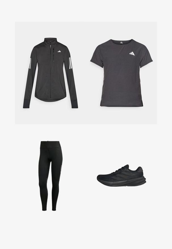 Černá atletická bunda vyrobená z lehkého materiálu. Má přední zip, vysoký límec a tři bílé pruhy na každém rukávu.; Kraťasový sportovní tričko, tmavě šedé barvy s perforovanou texturou. Obsahuje bílé logo a kontrastní boční pruhy. Kulatý výstřih.; Černé sportovní legíny z elastické látky, s širokým pasem, síťovinovými panely a diskrétní postranní kapsou.; Černé sportovní boty s síťovaným svrškem, aerodynamickým tvarem, plochou podrážkou a třemi šikmými pruhy na boku. Lehký design pro pohodlí.