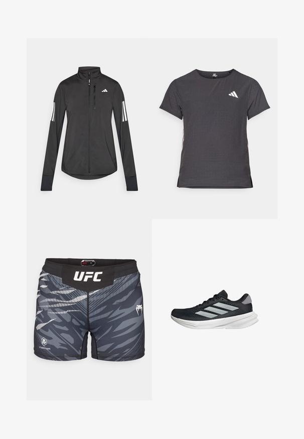 Crni sportski jakna napravljena od laganog materijala. Ima prednji zatvarač, visoki ovratnik i tri bijele pruge na svakoj rukavu.; Majica kratkih rukava za sport, tamno siva s perforiranim uzorkom. Ima bijeli logo i kontrastne bočne pruge. Zaobljeni izrez.; Muške UFC trenirke u crnoj i sivoj boji s apstraktnim uzorkom, elastičnom čicom i logotipovima. Izrađene su od materijala koji odvodi vlagu.; Crne trkačke tenisice s mrežastim gornjim dijelom, tri srebrne pruge, bijeli srednji sloj i teksturirani potplat. Sadrži podstavljeni ovratnik i zatvaranje s vezicama.