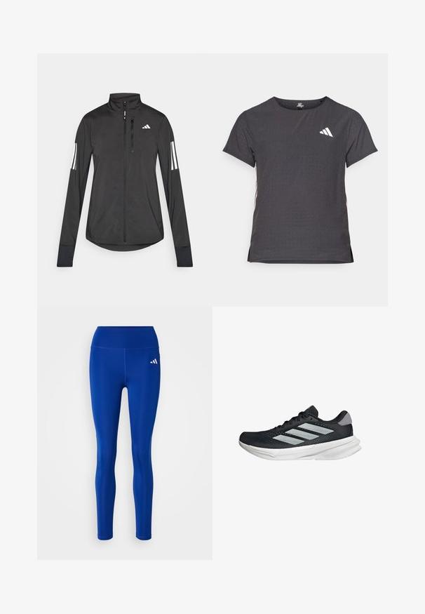 Musta urheilutakki, joka on valmistettu kevyestä materiaalista. Ominaisuuksiin kuuluu etuvetoketju, korkea kaulus ja kolme valkoista raitaa joka hihassa.; Lyhythihainen urheilupaita, tummanharmaa, jossa on reikäkudot. Ominaisuuksina valkoinen logo ja kontrastiväriset sivusuunnat. Pyöreä pääntie.; adidas Performance Trikoot - semi lucid blue; Musta juoksukenkä, jossa on verkko-osa ylhäällä, kolme hopeista raitaa, valkoinen välipohja ja teksturoitu pohja. Varustettu pehmustetulla nilkkaremmeillä ja nauhakiinnityksellä.