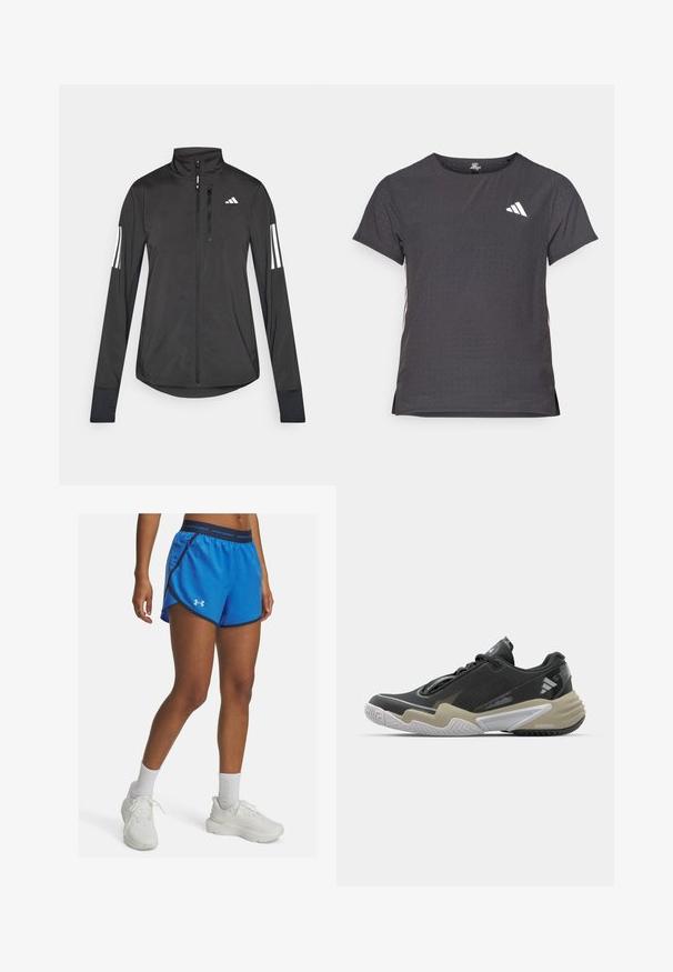 Must mustriga mustrin, millel on esiküljel lukuga, kõrge krae ja igal varrukal kolm valget triipu.; Lühikese varrukaga sportlik T-särk, tumehall, perforatsiooni tekstuuriga. Omab valget logo ja kontrastset külgtriipu. Ümar kaelus.; Sinised sportlikud lühikesed püksid, millel on võrkkonstruktsioon, kontrastsed tumedad ääred ja elastne vöökoht, millel on Under Armour'i logo.; Mustard ja beež spordijalats tekstuurse pealisega, silmapaistva tallakujundusega, peegeldava detailiga ja paeltesüsteemiga. Kerge konstruktsioon.