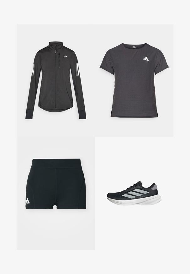 Black athletic jacket made of lightweight material. Features a front zipper, high collar, and three white stripes on each sleeve.; Short-sleeve athletic t-shirt, dark gray with perforated texture. Features a white logo and contrasting side stripes. Rounded neckline.; Black athletic shorts made of stretchy fabric, featuring a high waistband, fitted shape, and white Adidas logo on the left side.; Black running shoe with mesh upper, three silver stripes, white midsole, and textured outsole. Features padded collar and lace closure.
