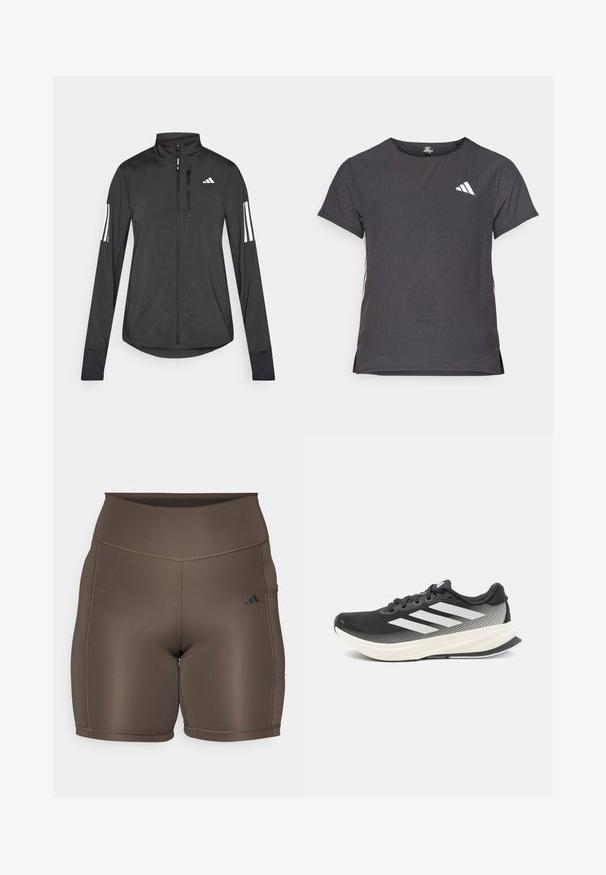 Veste de sport noire en matériau léger. Dotée d'une fermeture éclair sur le devant, d'un col haut et de trois rayures blanches sur chaque manche.; T-shirt de sport à manches courtes, gris foncé avec une texture perforée. Présente un logo blanc et des rayures latérales contrastantes. Encolure arrondie.; Shorts de sport bruns avec une texture lisse, une taille haute et des coutures foncées contrastées. Présente un petit logo noir sur le côté gauche.; Chaussure de sport noire avec tige en maille, accents blancs et une semelle intermédiaire blanche épaisse. Dispose de lacets et d'un design profil bas.