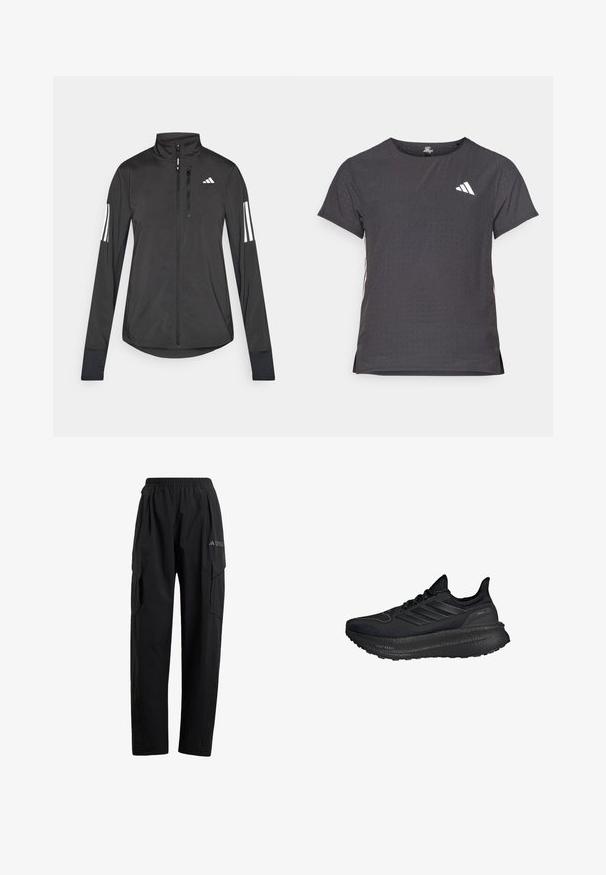 Jaqueta atlética preta feita de material leve. Apresenta um fecho frontal, colarinho alto e três riscas brancas em cada manga.; T-shirt atlético de mangas curtas, cinza escuro com textura perfurada. Apresenta um logo branco e riscas laterais contrastantes. Decote arredondado.; Calças cargo pretas com uma cintura elástica, dois bolsos laterais e um design de perna ligeiramente afunilada. Feitas de material leve.; Sapatilhas desportivas pretas com um superior de malha texturizada, riscas refletoras de três tons e uma sola grossa e almofadada preta rotulada como "LIGHT BOOST".