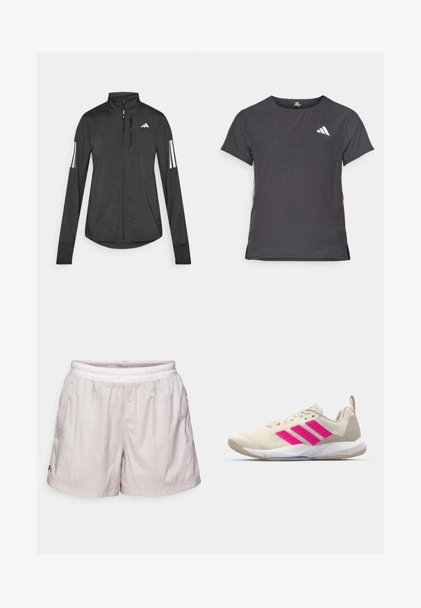 Svart treningsjakke laget av lett materiale. Har glidelås foran, høy krage og tre hvite striper på hver erme.; Kortermet treningstrøye, mørkegrå med perforert tekstur. Har en hvit logo og kontrasterende side-striper. Rund halslinje.; Lys grå treningsshorts med elastisk midje, laget av lett materiale. Har plisseringstekstur og liten logo på fronten.; Beige atletik sko med rosa tre-stripes logo, teksturert mesh-overdel, polstret krage og hvit gummisåle, med "LIGHTSTRIKE" merke.