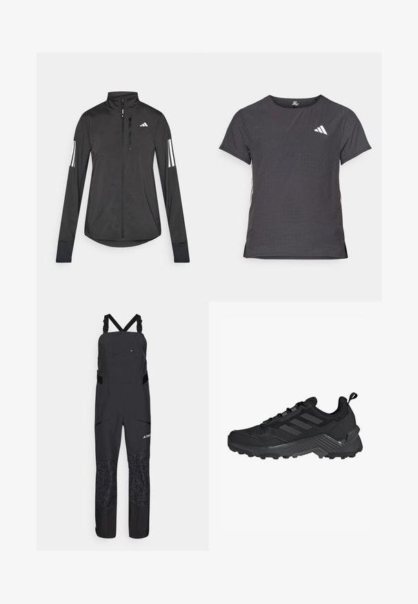 Zwarte sportjack gemaakt van lichtgewicht materiaal. Voorzien van een ritssluiting aan de voorkant, hoge kraag en drie witte strepen op elke mouw.; Korte mouwen sport t-shirt, donkergrijs met geperforeerde textuur. Bevat een wit logo en contrasterende zijstrepen. Ronde halslijn.; Zwarte outdoor bretels met verstelbare banden, ritszakken en gestructureerde onderste panelen. Gemaakt van duurzaam, weersbestendig materiaal.; Zwarte sportieve schoen met een bovenwerk van mesh, drie-strepen ontwerp, gevormde hak en robuuste buitenzool met opvallende gripnoppen.