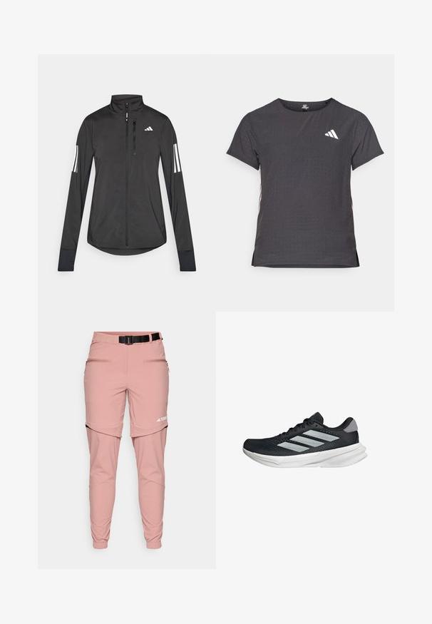 Čierna športová bunda vyrobená z ľahkého materiálu. Má zips vpredu, vysoký golier a tri biele pruhy na každom rukáve.; Tričko s krátkym rukávom pre šport, tmavosivé s perforovanou textúrou. Obsahuje biele logo a kontrastné bočné pruhy. Okrúhly výstrih.; Ružové vonkajšie nohavice vyrobené z mäkkého, elastického materiálu. Medzi funkcie patrí čiernobiele nastaviteľné opasok, zipsové vrecká a zúžené manžety.; Čierna behacia obuv s vrchnou časťou z priedušného materiálu, tromi striebornými pruhmi, bielou medzipodrážkou a textúrovanou podrážkou. Obsahuje polstrovaný golier a uzatváranie na šnúrky.