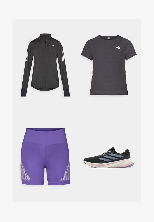 Jaqueta atlética preta feita de material leve. Apresenta um fecho frontal, colarinho alto e três riscas brancas em cada manga.; T-shirt atlético de mangas curtas, cinza escuro com textura perfurada. Apresenta um logo branco e riscas laterais contrastantes. Decote arredondado.; Calções atléticos roxos feitos de tecido elástico com cintura alta e padrão de linhas diagonais brancas no lado esquerdo.; Sapatilha de corrida preta com parte superior de malha, detalhes em roxo claro e três riscas cinzas na horizontal. Apresenta uma sola acolchoada para mais conforto.