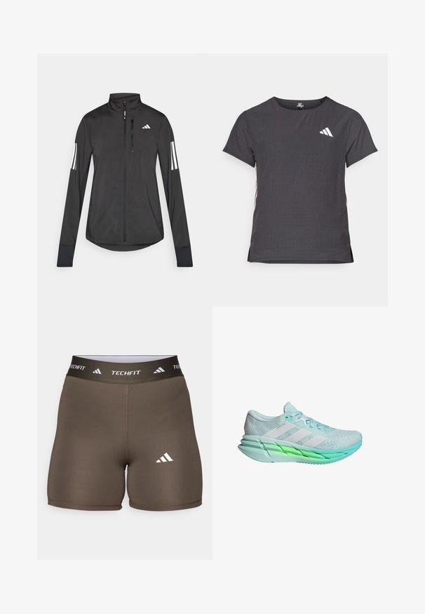 Zwarte sportjack gemaakt van lichtgewicht materiaal. Voorzien van een ritssluiting aan de voorkant, hoge kraag en drie witte strepen op elke mouw.; Korte mouwen sport t-shirt, donkergrijs met geperforeerde textuur. Bevat een wit logo en contrasterende zijstrepen. Ronde halslijn.; adidas Performance TECHFIT SHORT - Tights - shadow olive; Lichtblauwe hardloopschoen met een gestructureerde mesh bovenkant, drie witte strepen en een groengetinte zool. De schoen heeft een gevoerde kraag en vlakke veters.