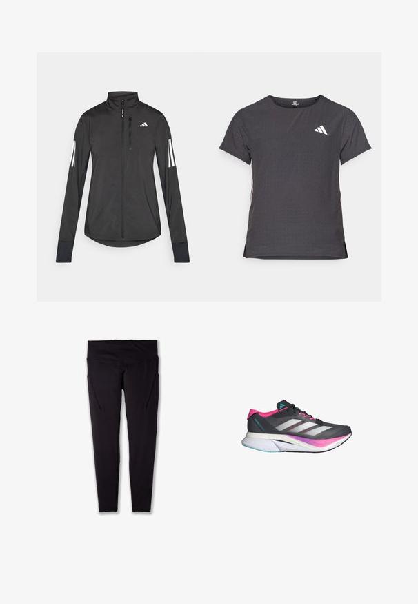 Giacchetto sportivo nero realizzato in materiale leggero. Presenta una chiusura frontale con zip, colletto alto e tre strisce bianche su ciascun manica.; T-shirt atletico a maniche corte, grigio scuro con texture perforata. Presenta un logo bianco e strisce laterali a contrasto. Girocollo.; Leggings sportivi neri con vita alta, realizzati in tessuto elastico, dotati di tasche laterali e cuciture piatte per una vestibilità liscia.; Scarpa da corsa con una tomaia in mesh grigia, dettagli in rosa e strisce bianche. Presenta una suola ammortizzata e un design slanciato e aerodinamico.