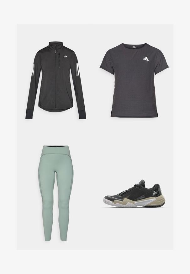 Musta urheilutakki, joka on valmistettu kevyestä materiaalista. Ominaisuuksiin kuuluu etuvetoketju, korkea kaulus ja kolme valkoista raitaa joka hihassa.; Lyhythihainen urheilupaita, tummanharmaa, jossa on reikäkudot. Ominaisuuksina valkoinen logo ja kontrastiväriset sivusuunnat. Pyöreä pääntie.; Legging hijau mint dengan pinggang tinggi terbuat dari kain halus dan elastis dengan jahitan kontras. Menampilkan siluet yang ramping dan pas badan.; Musta ja beige urheilukenkä, jossa on teksturoitu yläosa, merkittävä pohjarakenne, heijastavat yksityiskohdat ja nauhaketju. Kevyt rakenne.