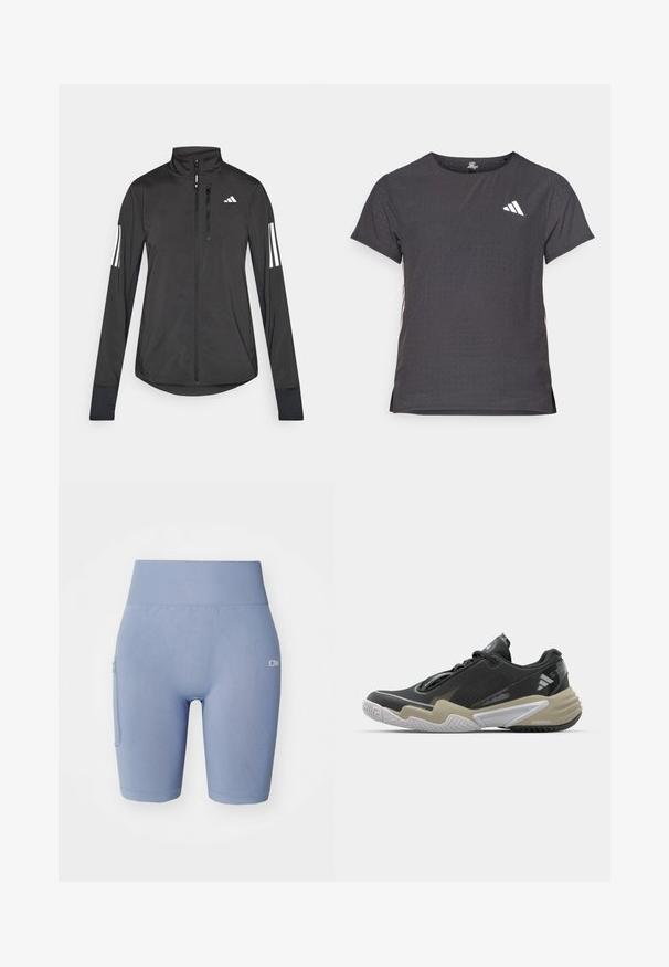 Černá atletická bunda vyrobená z lehkého materiálu. Má přední zip, vysoký límec a tři bílé pruhy na každém rukávu.; Kraťasový sportovní tričko, tmavě šedé barvy s perforovanou texturou. Obsahuje bílé logo a kontrastní boční pruhy. Kulatý výstřih.; Svetle modré sportovní šortky vyrobené z pružného materiálu, s vysokým pasem a boční kapsou. Hladká textura s minimálním logem.; Černá a béžová sportovní obuv s texturovaným svrškem, výrazným designem podešve, reflexními prvky a šněrovacím systémem. Lehká konstrukce.
