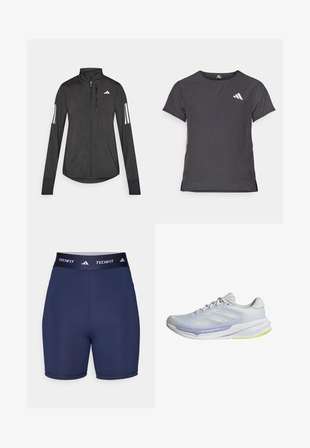 Černá atletická bunda vyrobená z lehkého materiálu. Má přední zip, vysoký límec a tři bílé pruhy na každém rukávu.; Kraťasový sportovní tričko, tmavě šedé barvy s perforovanou texturou. Obsahuje bílé logo a kontrastní boční pruhy. Kulatý výstřih.; Námořnické modré sportovní šortky s hladkým povrchem, elastickým pasem s logem "TECHFIT" a třemi pruhy, upnutý střih, minimální švy.; Bílé sportovní boty s prodyšným síťovaným svrškem, texturovaným designem a levandulovým akcentem. Mají polstrovanou podrážku s detaily v zelené barvě na podrážce.