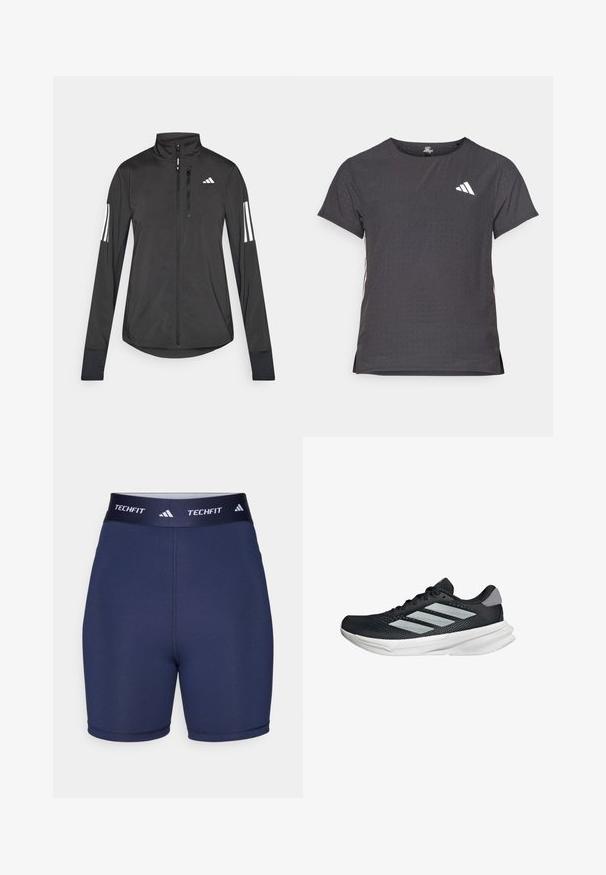 Black athletic jacket made of lightweight material. Features a front zipper, high collar, and three white stripes on each sleeve.; Short-sleeve athletic t-shirt, dark gray with perforated texture. Features a white logo and contrasting side stripes. Rounded neckline.; Navy blue athletic shorts with a smooth texture, elastic waistband featuring "TECHFIT" and three stripes logo, fitted design, minimal seams.; Black running shoe with mesh upper, three silver stripes, white midsole, and textured outsole. Features padded collar and lace closure.