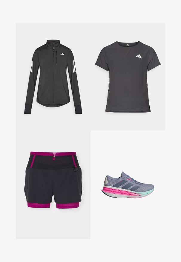 Must mustriga mustrin, millel on esiküljel lukuga, kõrge krae ja igal varrukal kolm valget triipu.; Lühikese varrukaga sportlik T-särk, tumehall, perforatsiooni tekstuuriga. Omab valget logo ja kontrastset külgtriipu. Ümar kaelus.; Mustad mustikas värvi sportlikud šortid roosa vööosa ja sisetaskuga. Külgedel on efektne võrkmaterjal, millel on nöör ja väike aas aksessuaaride jaoks.; Halluxi toonik, millel on hingav võrkkattega pealis, roosad aktsendid ja kerge keskmine tald, millel on gradient kujund sinaka-roheliste toonide segu.