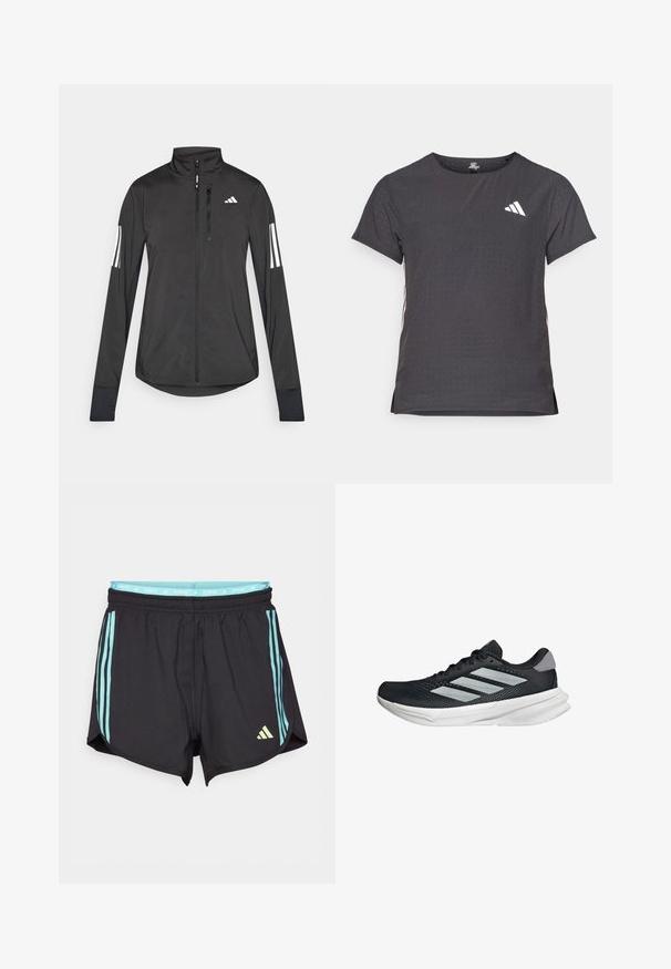 Black athletic jacket made of lightweight material. Features a front zipper, high collar, and three white stripes on each sleeve.; Short-sleeve athletic t-shirt, dark gray with perforated texture. Features a white logo and contrasting side stripes. Rounded neckline.; Black running shorts with light blue side stripes and a matching waistband, featuring a small yellow logo on the lower front.; Black running shoe with mesh upper, three silver stripes, white midsole, and textured outsole. Features padded collar and lace closure.