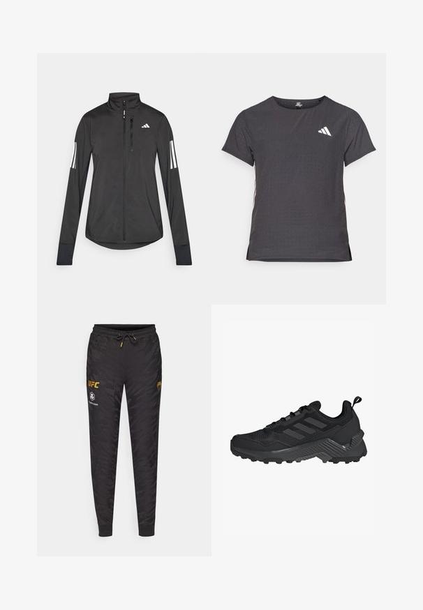 Svart treningsjakke laget av lett materiale. Har glidelås foran, høy krage og tre hvite striper på hver erme.; Kortermet treningstrøye, mørkegrå med perforert tekstur. Har en hvit logo og kontrasterende side-striper. Rund halslinje.; Sorte joggebukser med camo-mønster, som har snøring i livet, ribbede mansjetter og trykte UFC-logoer i gull og hvitt.; Svart idrettssko med mesh-overdel, design med tre striper, formet hæl og robust yttersåle med fremtredende støtteknopper.