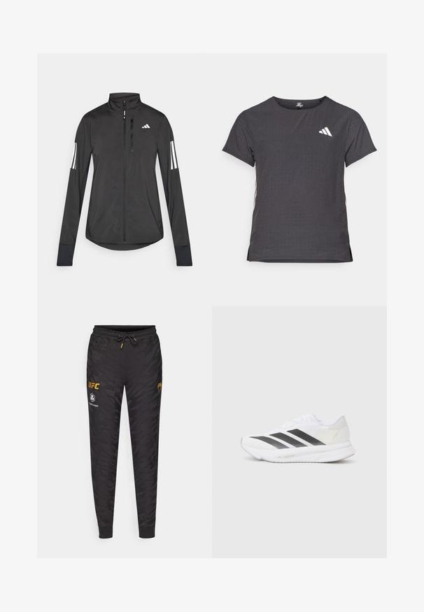 Juodas sportinis švarkas, pagamintas iš lengvos medžiagos. Yra priekinis užtrauktukas, aukšta apykaklė ir trys baltos juostos kiekviename rankovėje.; Trumpas rankovėmis sportinis marškinėlis, tamsiai pilkas, su perforuota tekstūra. Yra baltas logotipas ir kontrastingos šoninės juostos. Iškirptė suapvalinta.; Juodi treniruoklių keliai su kamufliažo raštu, turintys raištelių juosmenį, grotelėmis apkaustus ir spausdintas UFC logotipų auksinės ir baltos spalvos.; Baltos sportinės bateliai su juodomis įstrižainėmis, tinklinė viršutinė dalis, apvalus pirštas ir tekstūruotas padas. Priedai apima sidabrinį kulną ir minimalistinį dizainą.