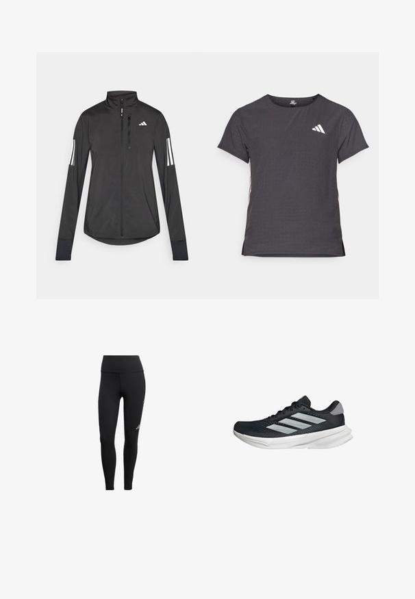 Black athletic jacket made of lightweight material. Features a front zipper, high collar, and three white stripes on each sleeve.; Short-sleeve athletic t-shirt, dark gray with perforated texture. Features a white logo and contrasting side stripes. Rounded neckline.; Black leggings made from stretchy fabric, featuring a high waistband, sleek design, and a small logo detail on the lower leg.; Black running shoe with mesh upper, three silver stripes, white midsole, and textured outsole. Features padded collar and lace closure.