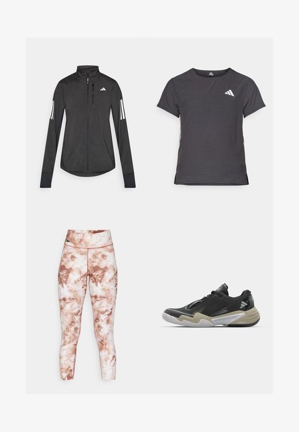 Juodas sportinis švarkas, pagamintas iš lengvos medžiagos. Yra priekinis užtrauktukas, aukšta apykaklė ir trys baltos juostos kiekviename rankovėje.; Trumpas rankovėmis sportinis marškinėlis, tamsiai pilkas, su perforuota tekstūra. Yra baltas logotipas ir kontrastingos šoninės juostos. Iškirptė suapvalinta.; Aukštai čiurnos kelnaitės su marmuriniu rudos ir baltos spalvų raštu. Pagamintos iš tamprios medžiagos, turi plokščias siūles ir nedidelį logotipo akcentą.; Juoda ir béžo spalvų sportinė avalynė su tekstūruota viršutine dalimi, išskirtiniu pado dizainu, atspindinčiomis detalėmis ir raištelių sistema. Lengva konstrukcija.