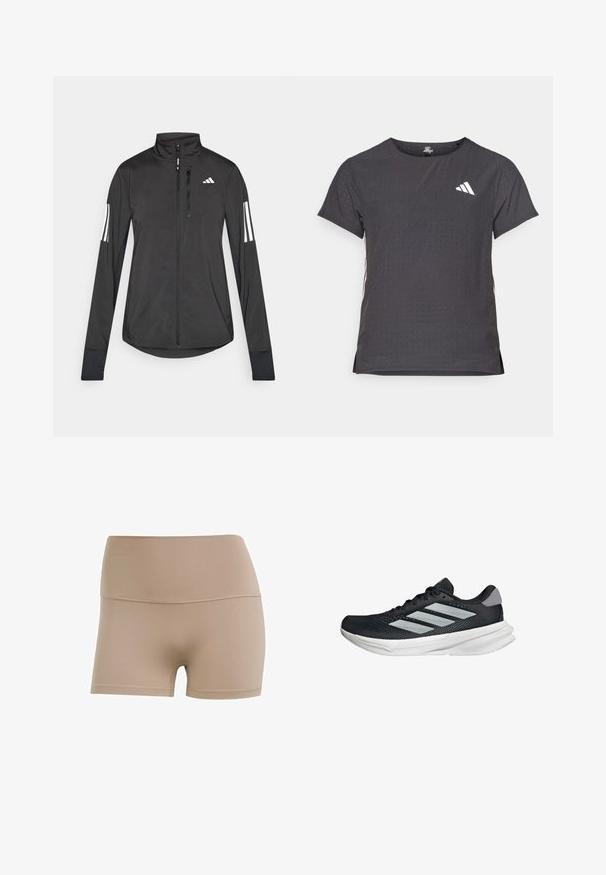 Zwarte sportjack gemaakt van lichtgewicht materiaal. Voorzien van een ritssluiting aan de voorkant, hoge kraag en drie witte strepen op elke mouw.; Korte mouwen sport t-shirt, donkergrijs met geperforeerde textuur. Bevat een wit logo en contrasterende zijstrepen. Ronde halslijn.; Nude kleur stretch stof shorts met een hoge taille, een gladde textuur en contrasterende stiksels. Ontworpen voor comfort en flexibiliteit.; Zwarte hardloopschoen met een mesh bovenzijde, drie zilveren strepen, witte middenzool en een gestructureerde loopzool. Heeft een gevoerde kraag en een vetersluiting.