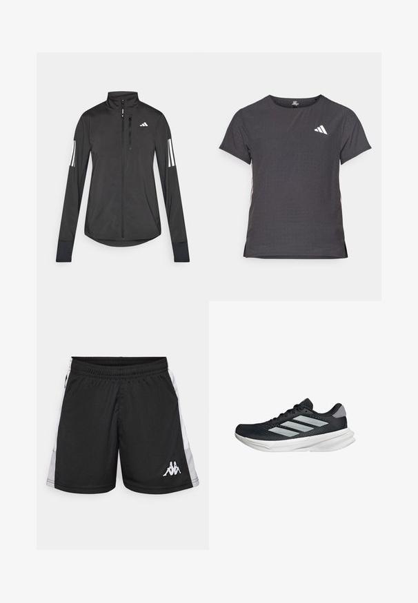 Svart idrottsjacka i lätt material. Har en framzipper, hög krage och tre vita ränder på varje ärm.; Kortärmad atletisk t-shirt, mörkgrå med perforerad textur. Har en vit logotyp och kontrasterande sidostripes. Rundad halsringning.; Svarta träningsshorts med vita sidopaneler, elastisk midja och vit logotyp som visar två sittande figurer på nedre främre vänstra benet.; Svart löparskor med meshtopp, tre silverränder, vit mellansula och strukturerad sula. Har vadderad krage och snörning.