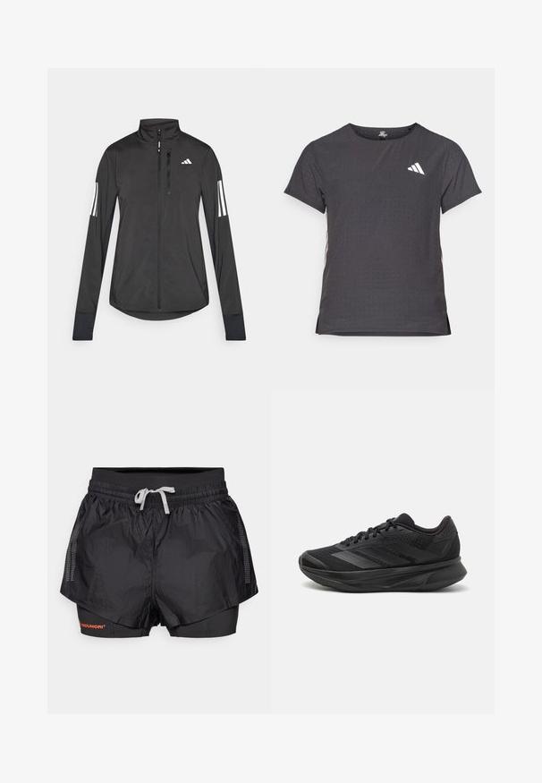 Veste de sport noire en matériau léger. Dotée d'une fermeture éclair sur le devant, d'un col haut et de trois rayures blanches sur chaque manche.; T-shirt de sport à manches courtes, gris foncé avec une texture perforée. Présente un logo blanc et des rayures latérales contrastantes. Encolure arrondie.; Shorts de sport noirs avec une couche extérieure texturée, des panneaux en mesh et une couche intérieure ajustée. Comprend une taille élastique avec un cordon de serrage.; Chaussure de course noire avec une tige en maille respirante, un bout arrondi, un design épuré, des accents texturés et une semelle rembourrée pour le confort.