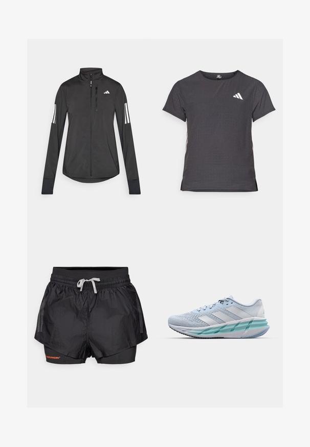 Must mustriga mustrin, millel on esiküljel lukuga, kõrge krae ja igal varrukal kolm valget triipu.; Lühikese varrukaga sportlik T-särk, tumehall, perforatsiooni tekstuuriga. Omab valget logo ja kontrastset külgtriipu. Ümar kaelus.; Mustad mustandiga sportshortsid, millel on tekstureeritud välimine kiht, võrkpaneelid ja sisemine sobiv kiht. Omavad elastset püksivööde, millel on nöör.; Heledad sinise värviga spordijalatsid tekstuuriga kudumise ülaosaga, valgete aktsentidega ja läbipaistva rohelise vaheosaga. Ümar nina ja pehmendatud kaelus.