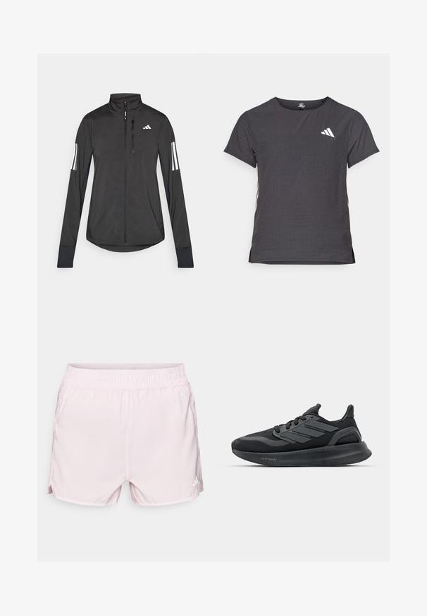 Crni sportski jakna napravljena od laganog materijala. Ima prednji zatvarač, visoki ovratnik i tri bijele pruge na svakoj rukavu.; Majica kratkih rukava za sport, tamno siva s perforiranim uzorkom. Ima bijeli logo i kontrastne bočne pruge. Zaobljeni izrez.; Roza atletska kratka hlače s elastičnim pojasom, lagana tkanina, bočni prorezi i mali bijeli logotip na donjoj desnoj strani.; Crne atletske cipele s mrežastim gornjim dijelom, teksturiranim panelima, detaljem od tri pruge i zakrivljenim potplatom označenim "LIGHT BOOST."