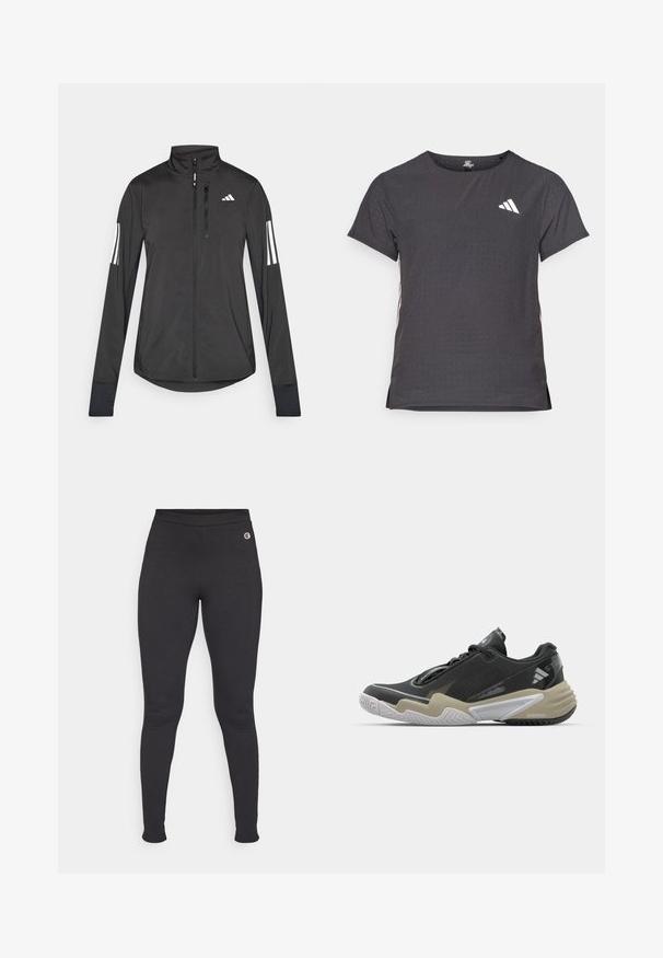 Jaqueta atlética preta feita de material leve. Apresenta um fecho frontal, colarinho alto e três riscas brancas em cada manga.; T-shirt atlético de mangas curtas, cinza escuro com textura perfurada. Apresenta um logo branco e riscas laterais contrastantes. Decote arredondado.; Leggings pretos feitos de um material elástico, apresentando uma cintura alta e um pequeno logotipo na área do quadril esquerdo. Textura suave.; Sapatilha desportiva preta e bege com parte superior texturizada, design de sola proeminente, acabamentos refletivos e sistema de atacadores. Construção leve.