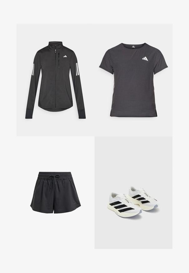 Zwarte sportjack gemaakt van lichtgewicht materiaal. Voorzien van een ritssluiting aan de voorkant, hoge kraag en drie witte strepen op elke mouw.; Korte mouwen sport t-shirt, donkergrijs met geperforeerde textuur. Bevat een wit logo en contrasterende zijstrepen. Ronde halslijn.; Zwarte sportshorts met een elastische tailleband, interne trekkoord en zijsplitten. Gemaakt van een soepele, lichtgewicht stof.; Witte sportieve schoenen met zwarte strepen en branding, met een bovenkant van mesh, een ronde neus en een dikke crème zool voor demping.