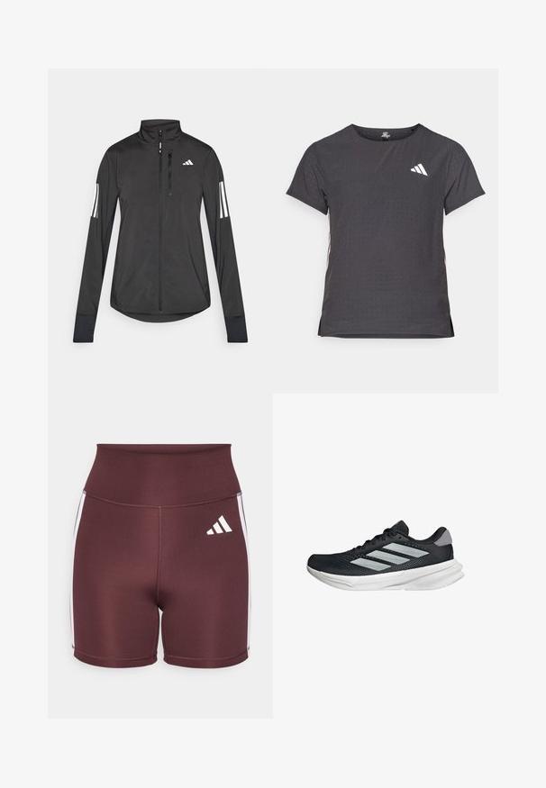 Chaqueta deportiva negra hecha de material ligero. Cuenta con una cremallera frontal, un cuello alto y tres franjas blancas en cada manga.; Camiseta atlética de manga corta, gris oscuro con textura perforada. Presenta un logo blanco y rayas laterales en contraste. Escote redondeado.; Pantalones cortos de talle alto en color burdeos, fabricados con material elástico, con franjas laterales blancas y el logo de Adidas en blanco en la parte delantera.; Zapatilla de correr negra con parte superior de malla, tres franjas plateadas, media suela blanca y suela texturizada. Incluye un cuello acolchado y cierre de cordones.