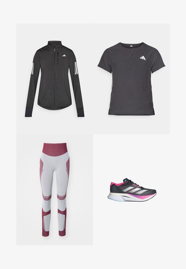Czarna sportowa kurtka wykonana z lekkiego materiału. Posiada zamek błyskawiczny z przodu, wysoki kołnierz oraz trzy białe paski na każdym rękawie.; Koszulka sportowa z krótkim rękawem, ciemnoszara z perforowaną teksturą. Posiada białe logo oraz kontrastowe paski po bokach. Okrągły dekolt.; Fioletowe i jasnoszare legginsy przylegające do ciała z fakturą prążkowaną, z wysokim stanem i akcentującymi panelami wzdłuż nóg.; Buty biegowe z szarym siateczkowym wierzchem, różowymi akcentami i białymi paskami. Posiadają wyściełaną podeszwę oraz smukły, aerodynamiczny kształt.