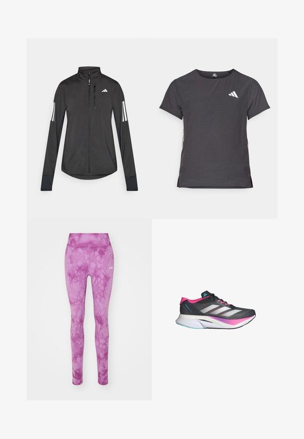 Zwarte sportjack gemaakt van lichtgewicht materiaal. Voorzien van een ritssluiting aan de voorkant, hoge kraag en drie witte strepen op elke mouw.; Korte mouwen sport t-shirt, donkergrijs met geperforeerde textuur. Bevat een wit logo en contrasterende zijstrepen. Ronde halslijn.; Roze leggings met een gemarmerd patroon, voorzien van een elastische tailleband en een gladde textuur. Het merkembleem is in het wit aan de zijkant weergegeven.; Hardloopschoen met een grijze mesh bovenkant, roze accenten en witte strepen. Beschikt over een gevoerde zool en een slank, aerodynamisch ontwerp.