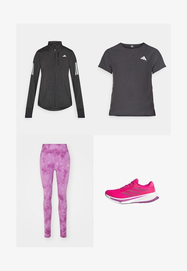 Sort atletisk jakke lavet af let materiale. Har en frontlynlås, høj krave og tre hvide striber på hver ærme.; Kortærmet atletisk t-shirt, mørkegrå med perforeret tekstur. Har et hvidt logo og kontrastfarvede sidelister. Rundet halsudskæring.; Lyserøde leggings med et marmoreret mønster, der har en strækbar talje og en glat tekstur. Brandlogoet er vist i hvidt på siden.; Rosa løbesko med mesh-overdel, en hvid mellemsål og lilla accenter. Tre grå striber på siden og en buet såledesign.