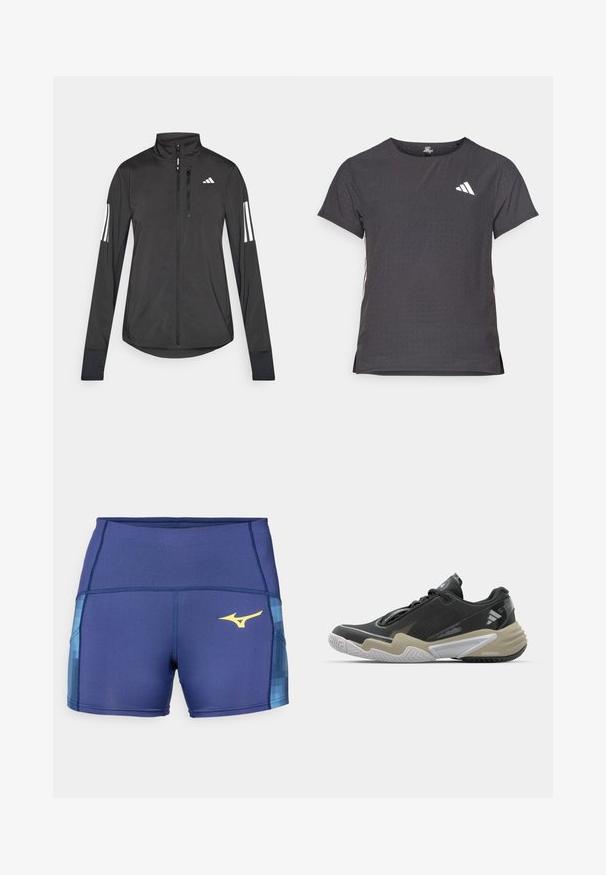 Black athletic jacket made of lightweight material. Features a front zipper, high collar, and three white stripes on each sleeve.; Short-sleeve athletic t-shirt, dark gray with perforated texture. Features a white logo and contrasting side stripes. Rounded neckline.; Navy blue athletic shorts with a textured blue accent on the sides, featuring a yellow logo. Made of stretchy, moisture-wicking fabric.; Black and beige athletic shoe with textured upper, prominent sole design, reflective accents, and lacing system. Lightweight construction.