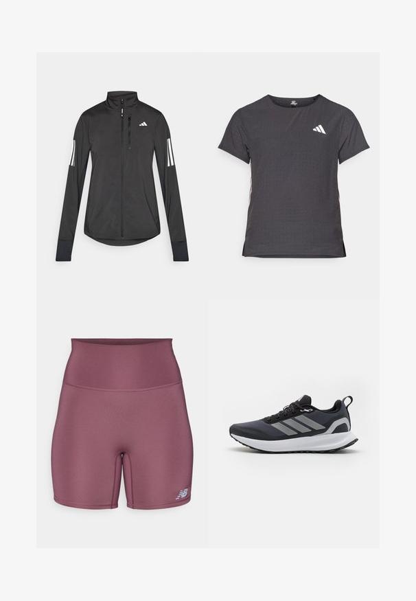 Μαύρο αθλητικό μπουφάν από ελαφρύ υλικό. Διαθέτει μπροστινό φερμουάρ, υψηλό γιακά και τρεις λευκές ρίγες σε κάθε μανίκι.; Αθλητικό μπλουζάκι κοντό μανίκι, σκούρο γκρί με διάτρητη υφή. Διαθέτει λευκό λογότυπο και αντίθετες ρίγες στο πλάι. Στρογγυλή λαιμόκοψη.; Αθλητικά σορτς ψηλής μέσης σε μουτζουρωμένο μωβ, με απαλή, ελαστική ύφασμα και μικρό λογότυπο στο κάτω αριστερό πόδι.; Μαύρο αθλητικό παπούτσι με διχτυωτό άνω μέρος, λευκή ενδιάμεση σόλα, υφή καβούρι στο κάτω μέρος και τρεις γκρι ρίγες στο πλάι. Διαθέτει κορδόνια και λαβή.