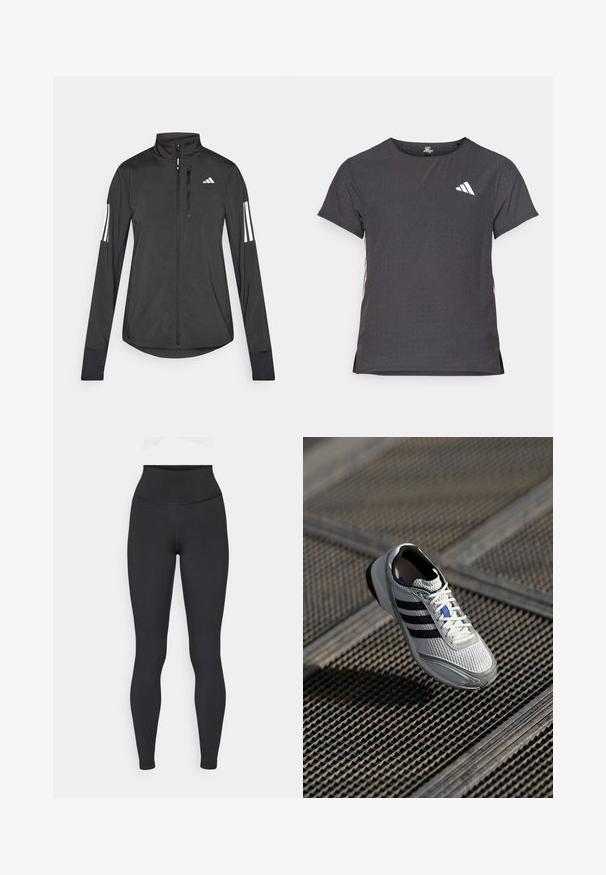 Crni sportski jakna napravljena od laganog materijala. Ima prednji zatvarač, visoki ovratnik i tri bijele pruge na svakoj rukavu.; Majica kratkih rukava za sport, tamno siva s perforiranim uzorkom. Ima bijeli logo i kontrastne bočne pruge. Zaobljeni izrez.; Crne tajice visoki struk izrađene od rastezljivog materijala, s glatkom teksturom i prilagođenim dizajnom, bez vidljivih logotipa ili uzoraka.; Lagana trkačka obuća s gornjim dijelom od bijele mreže, tri crne pruge, sivi elementi i teksturirana potplat za prianjanje.